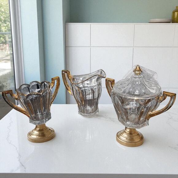 3 Piece Antique U.S. Glass Clear Gold Gilt #15145 Colonis EAPG - Picture 5 of 5